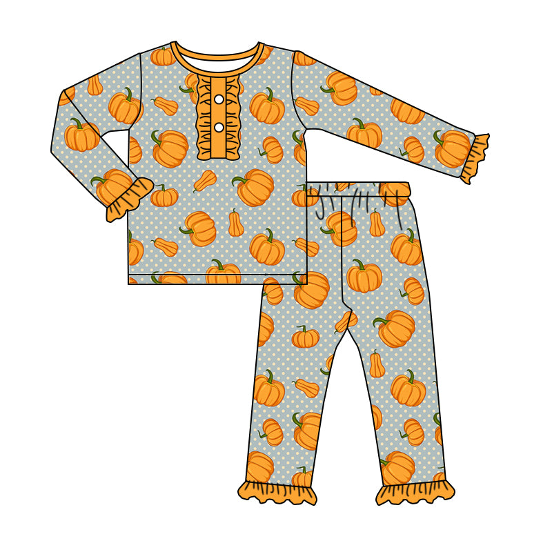 Baby Girls Orange Pumpkin Shirt Top Ruffle Pants Pajamas Clothes Sets Preorder(moq 5)