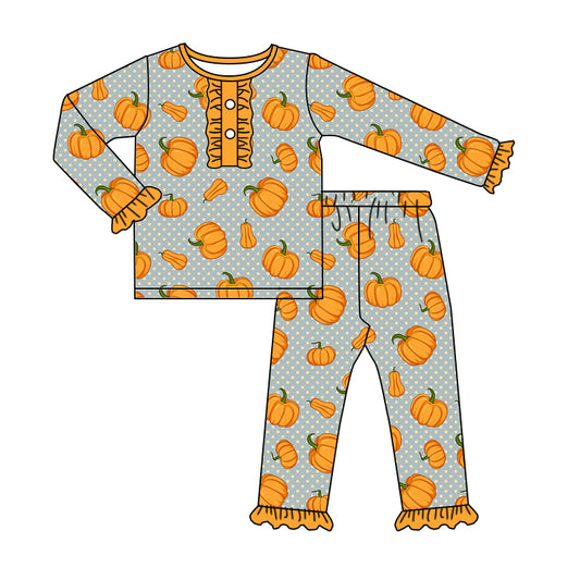 Baby Girls Orange Pumpkin Shirt Top Ruffle Pants Pajamas Clothes Sets Preorder(moq 5)