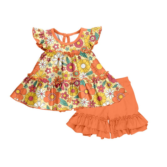 Baby Girls Orange Flowers Tunnic Ruffle Shorts Clothes Sets preorder(moq 5)