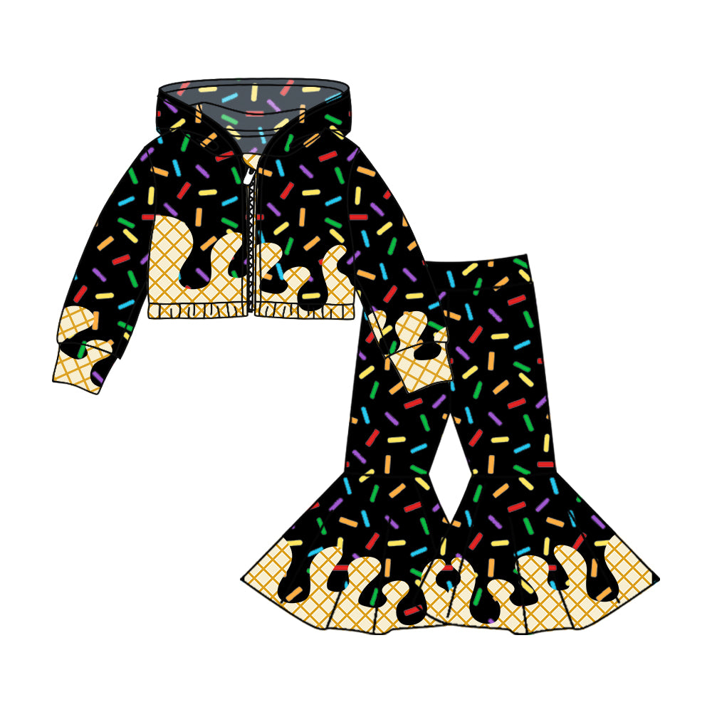 Preorder (moq 5)Baby Girls Black Long Sleeves Drip Zipper Jacket Top Bell Bottom Pant Team Clothes Sets
