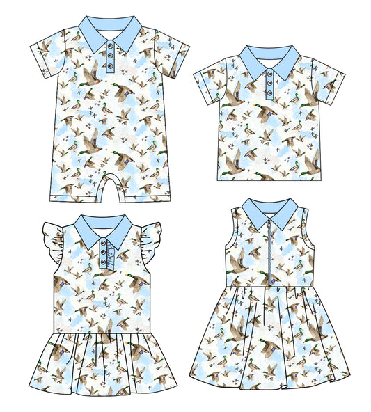Preorder moq 5 Custom Baby Kids Short Sleeves Ducks Polo Shirts Top Rompers Knee Length Dresses