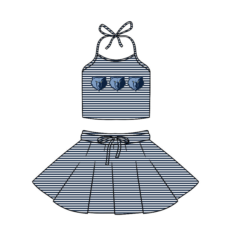 Preorder (moq 5)Baby Girls Strap Black Stripe Bears Vest Top Skirt Shorts 2 Piece Team Swimsuits