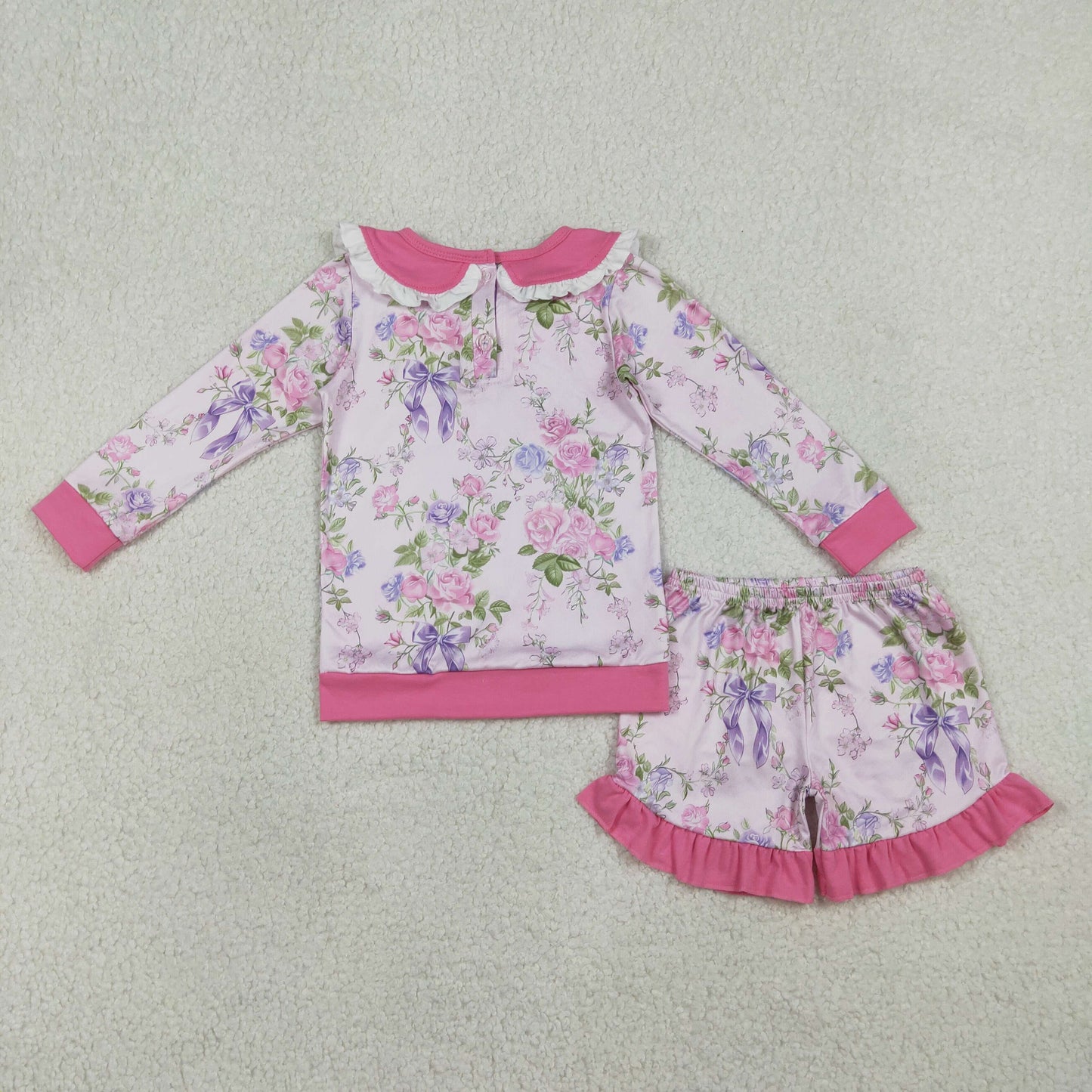 Baby Girls Pink Flowers Collar Top Ruffle Shorts Clothes Sets
