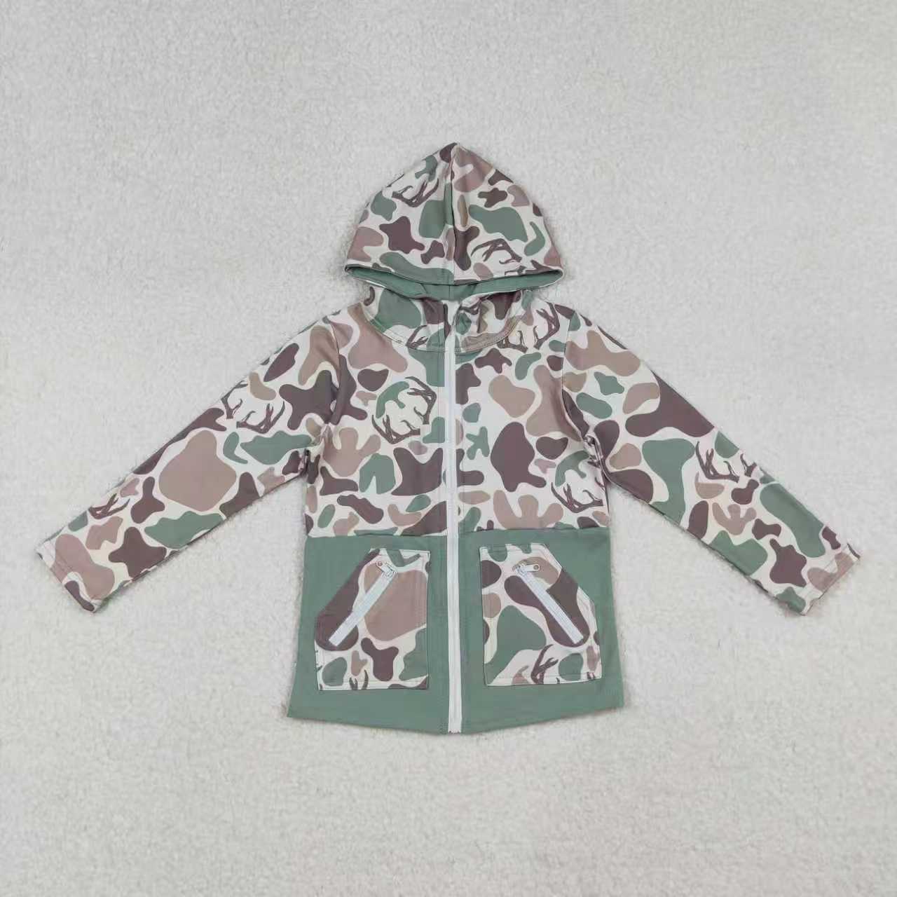 Sibling Baby Boys Green Brown Deer Camo Hunting Pajamas Sets Zipper Rompers Hoodies Top