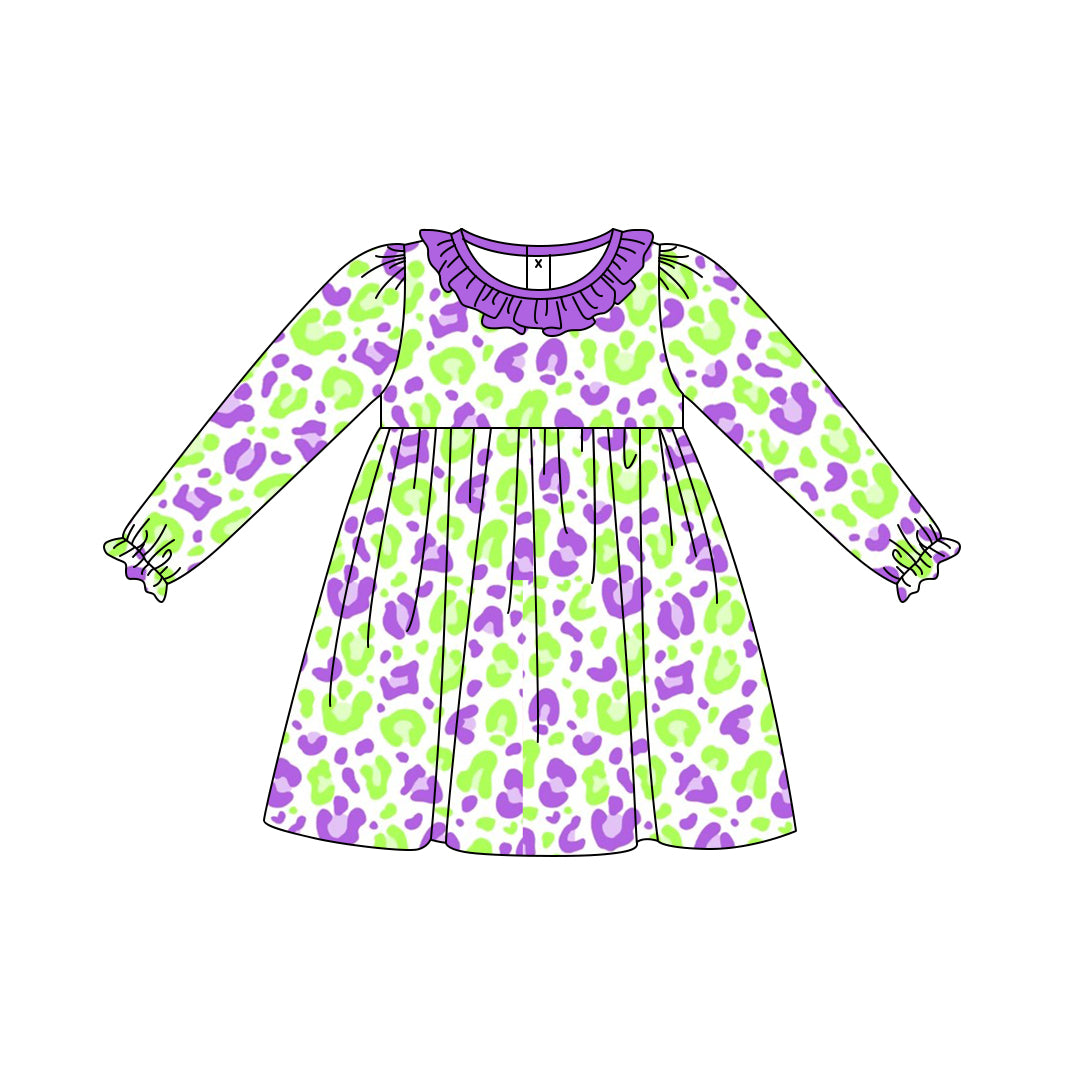 Baby Girls Green Purple Leopard Knee Length Dresses Preorder(moq 5)