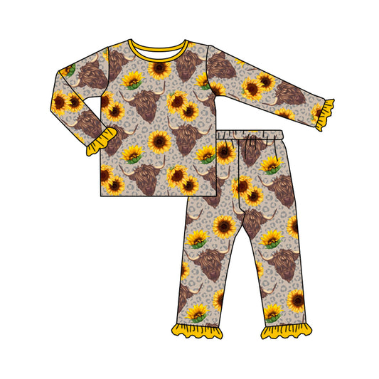 Baby Girls Western Leopard Highland Cow Sunflower Top Pants Pajamas Clothes Sets Preorder(moq 5)