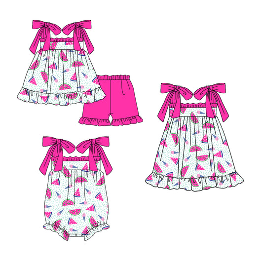 Preorder(moq 5 each)Sibling Baby Girls Watermelon Popstick Bows Tie Romper Dress Shorts Sets