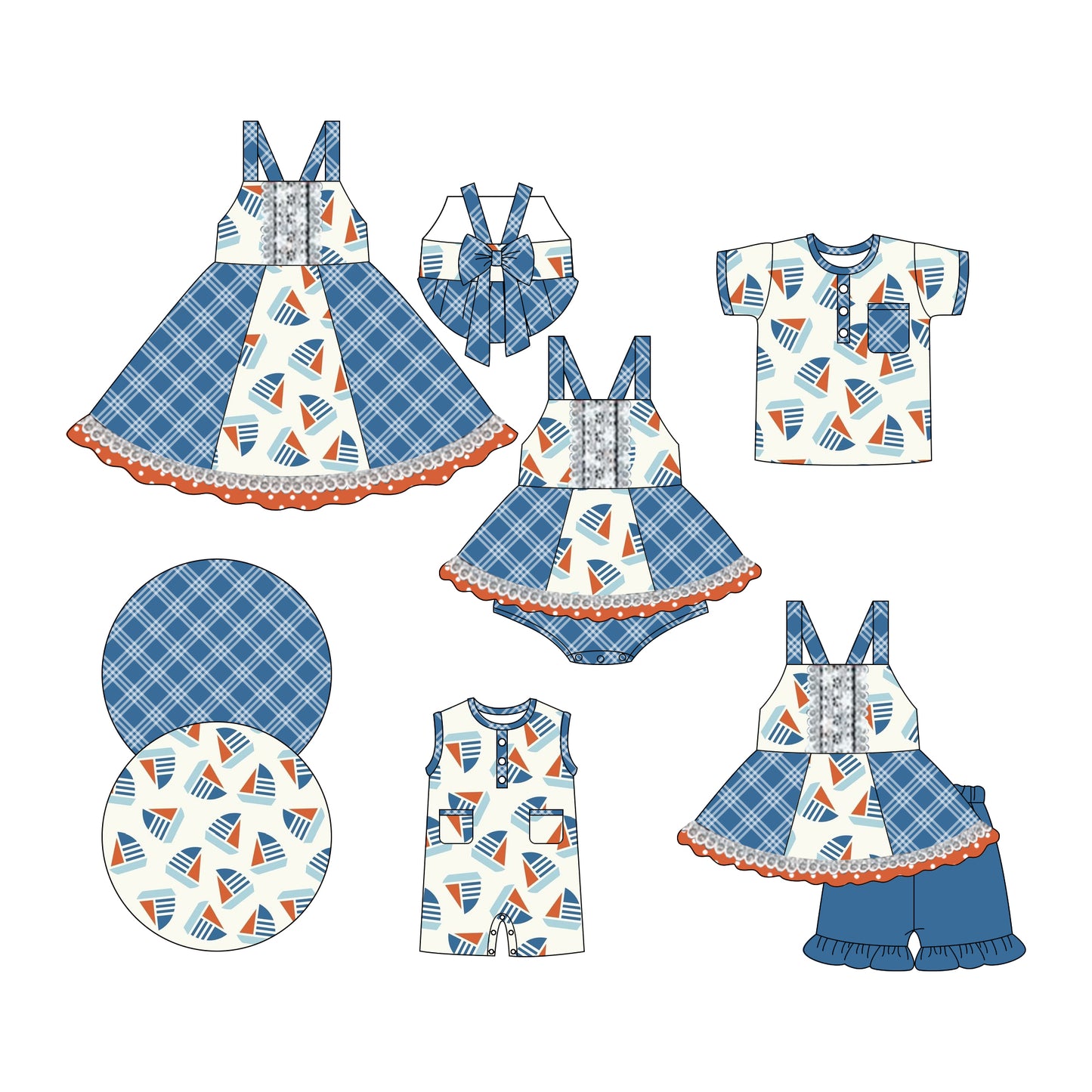 Preorder moq 5 Custom Baby Kids Blue Strap Boats Plaid Tunic Ruffle Short Set Button Pocket Polo Shirts Rompers Knee Length Dress And Bummies Set
