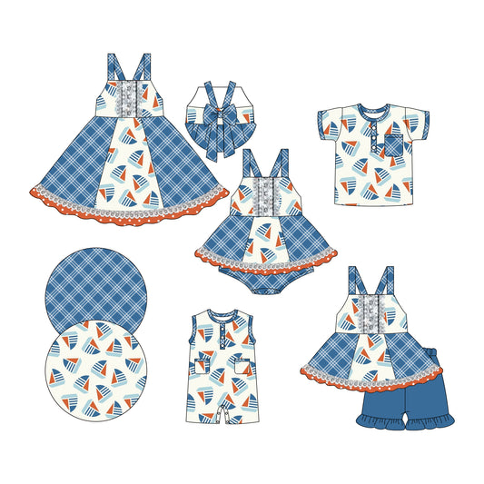 Preorder moq 5 Custom Baby Kids Blue Strap Boats Plaid Tunic Ruffle Short Set Button Pocket Polo Shirts Rompers Knee Length Dress And Bummies Set