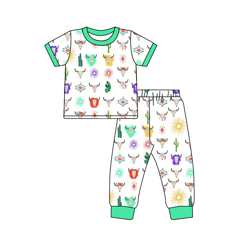 Baby Boys Western Cow Green Shirt Pants Pajamas Clothes Sets preorder(moq 5)