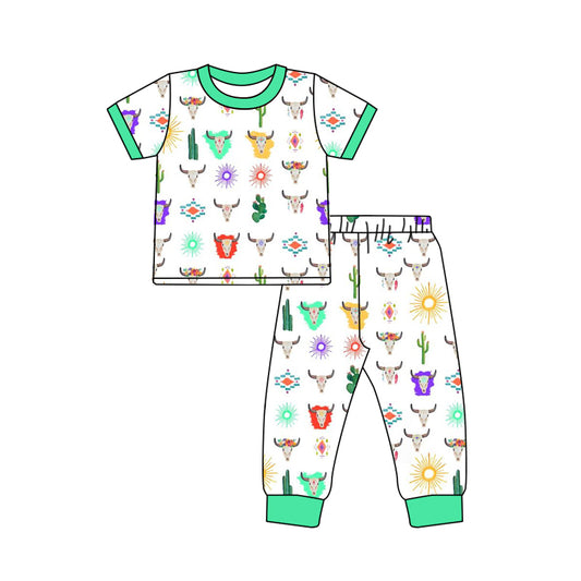 Baby Boys Western Cow Green Shirt Pants Pajamas Clothes Sets preorder(moq 5)