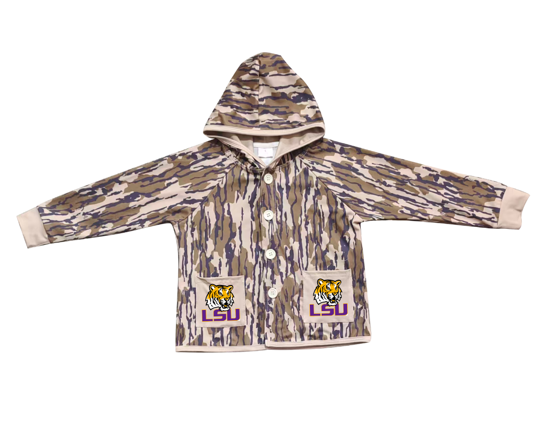 Preorder (moq 5)Baby Boys Olive Camo LSU Tigers Pockets Team Button Hoodie Jackets Top