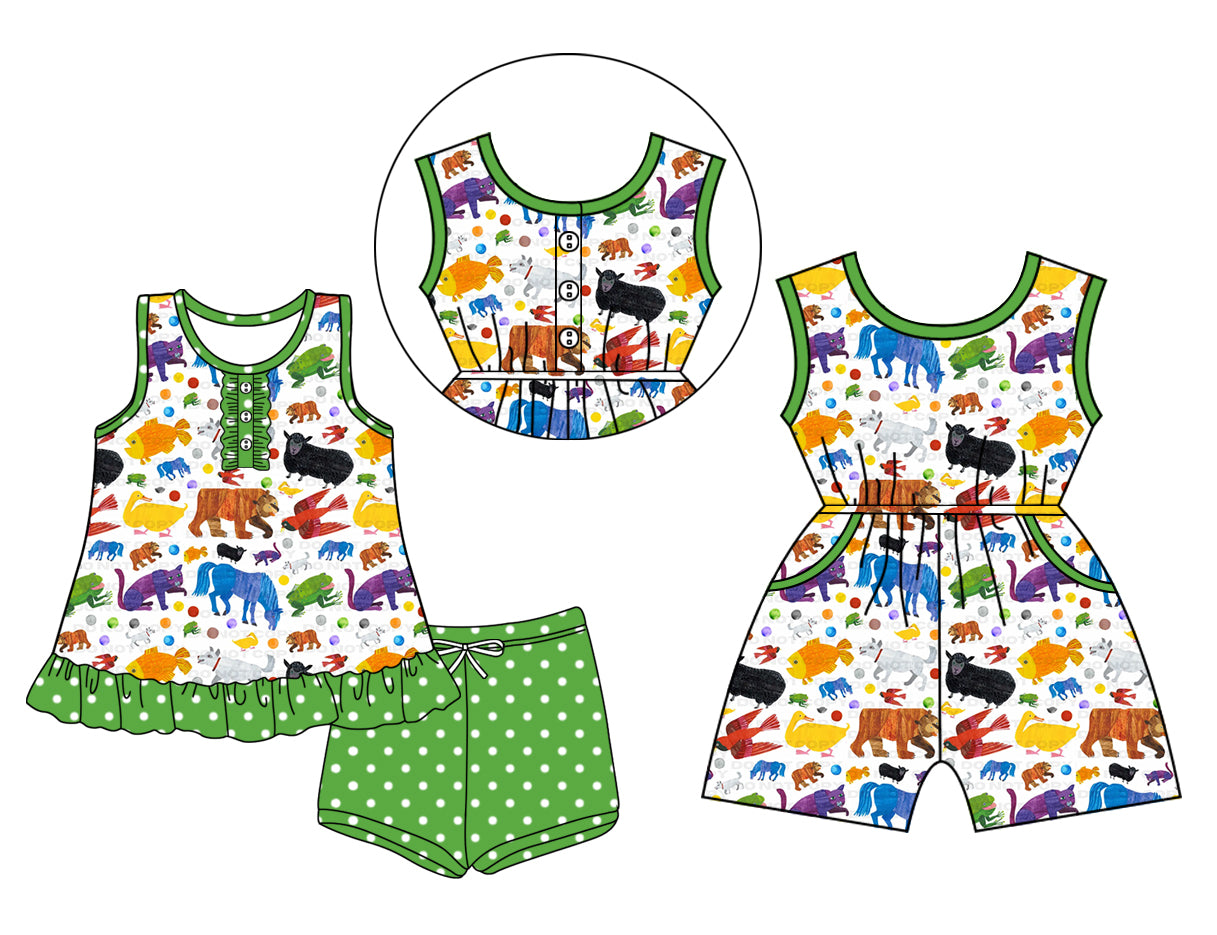 Preorder moq 5 Custom Baby Girls Colorful Animals Button Tunic Green Polka Dots Short Set Pockets Jumpsuits