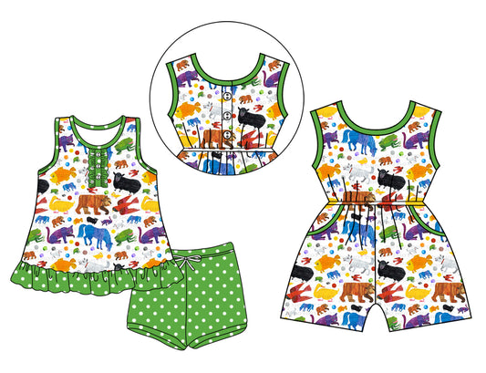 Preorder moq 5 Custom Baby Girls Colorful Animals Button Tunic Green Polka Dots Short Set Pockets Jumpsuits