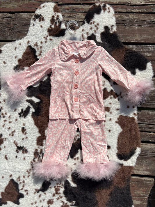 Baby Girls Pink Leopard Buttons Top Pants Fur Pajamas Clothes Sets