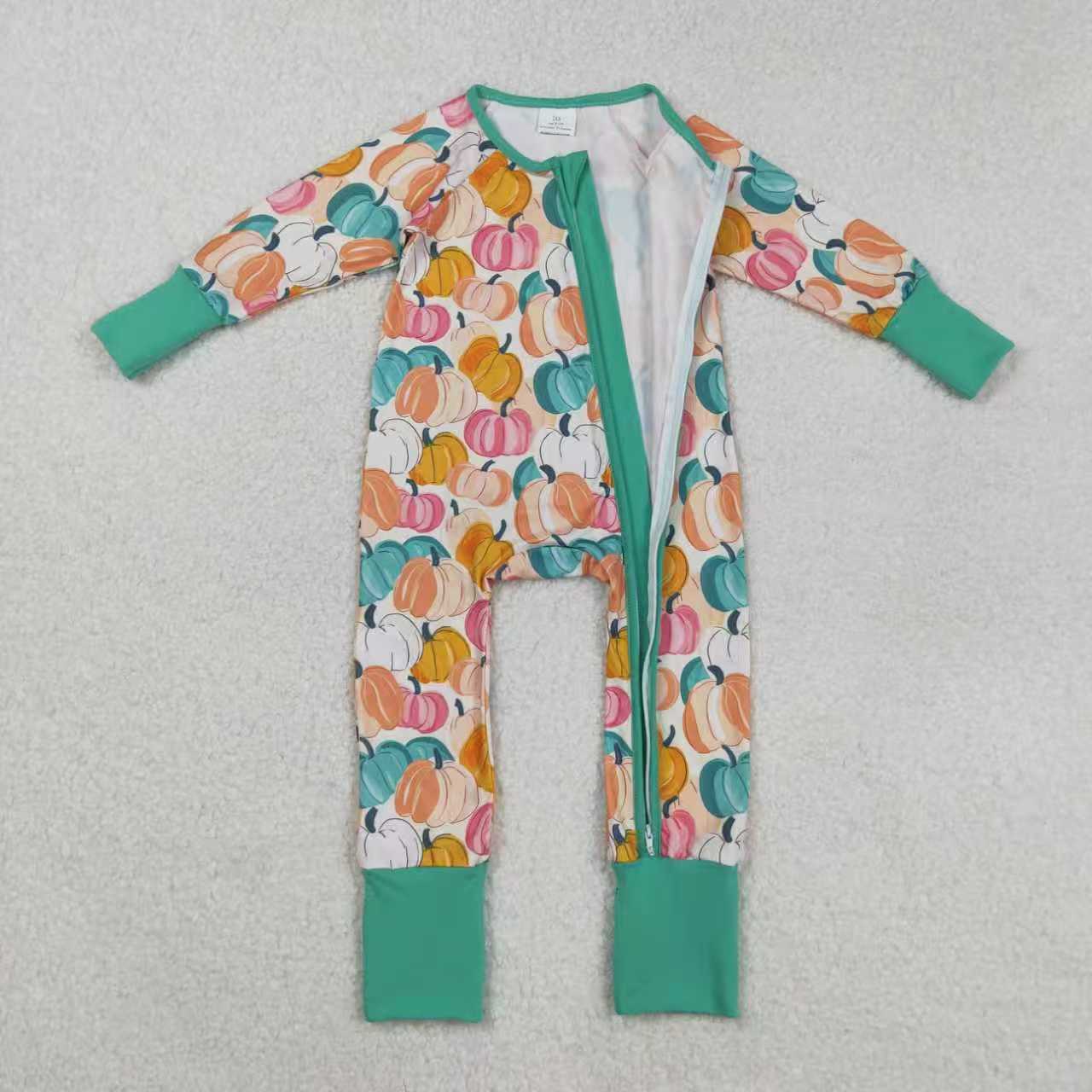 Sibling Baby Girls Green Orange Pumpkins Fall Pajamas Sets Rompers Knee Length Dresses