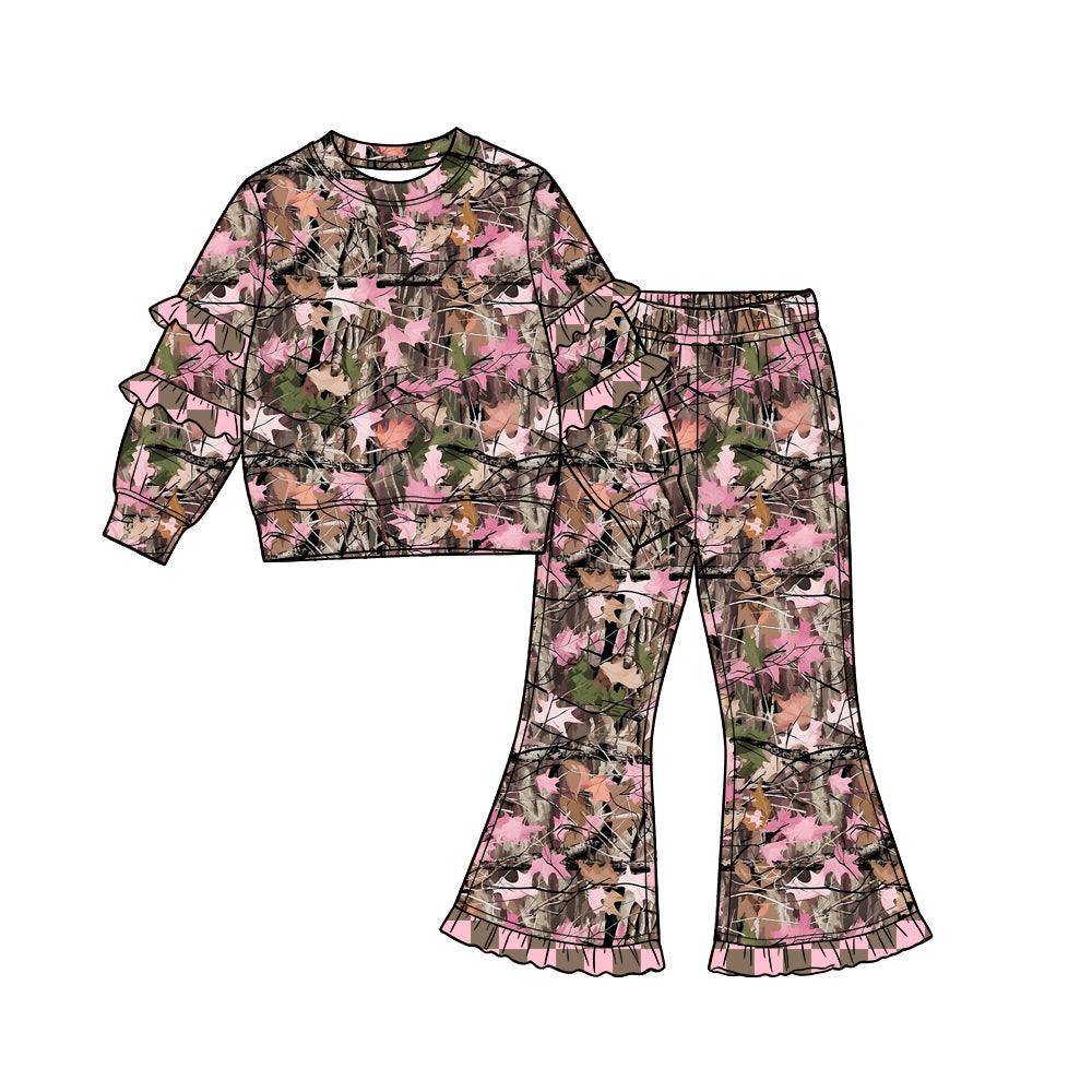 Preorder (moq 5) Girls Pink Camouflage Top Bell Bottom Pants Outfits Sets