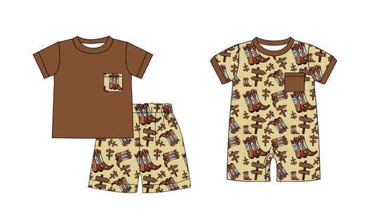 Preorder(moq 5 each) Baby Boys Brown Shirt Western Boots Romper Shorts Sets