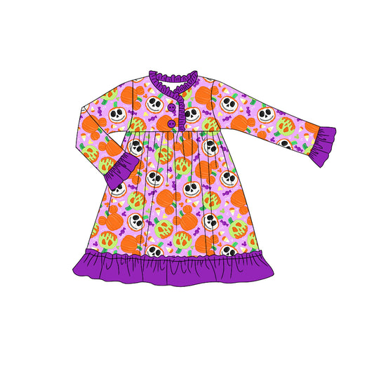 Baby Girls Halloween Pumpkin Ghost Long Sleeve Knee Length Dresses Preorder(moq 5)