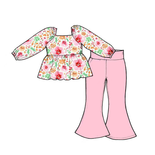 Preorder (moq 5)Baby Girls Colorful Flowers Tunic Bell Bottom Pants Clothes Sets