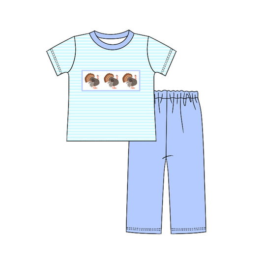 Baby Boys Blue Stripes Turkey Shirt Top Pants Clothes Sets Preorder(moq 5)