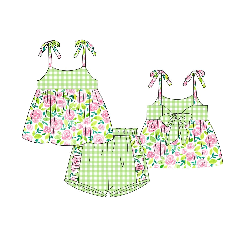 Baby Girls Green Rose Flowers Straps Tunic Ruffle Shorts Clothes Sets preorder (moq 5)