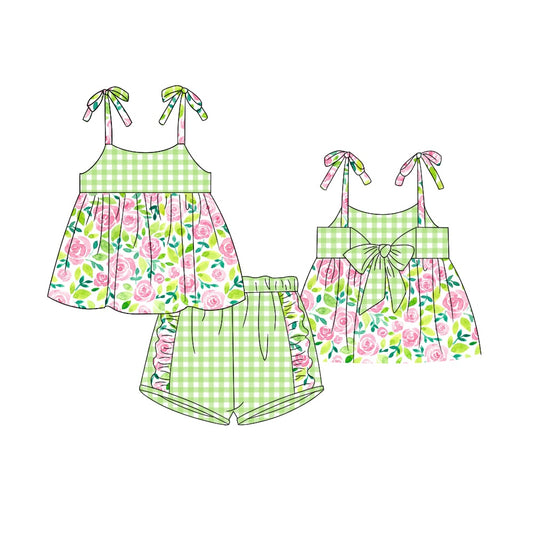 Baby Girls Green Rose Flowers Straps Tunic Ruffle Shorts Clothes Sets preorder (moq 5)