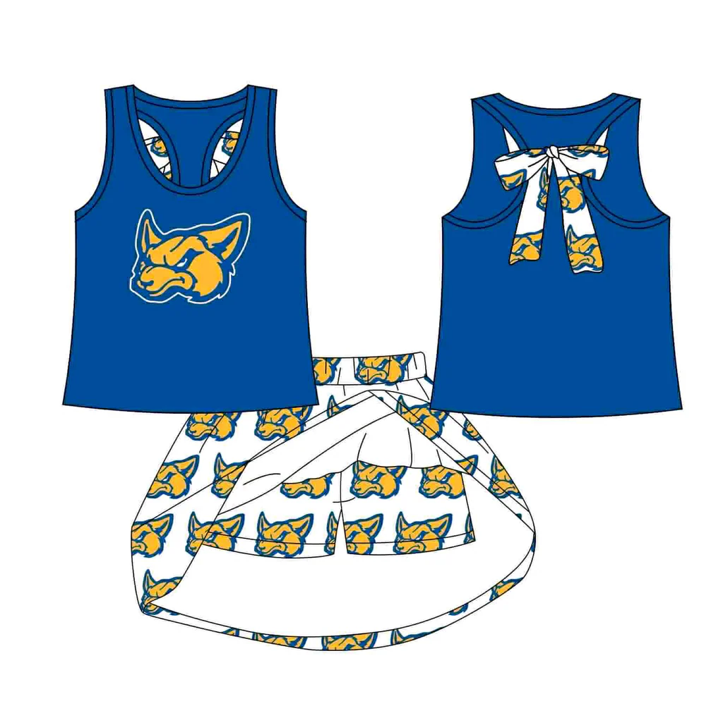 Preorder (moq 5)Baby Girls Blue Fox vest team Top Skirt Skort Sets