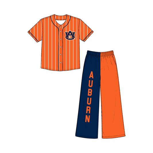 Preorder (moq 5)Baby Girls Orange Stripe Button AU Top Flare Pants Team Clothes Sets