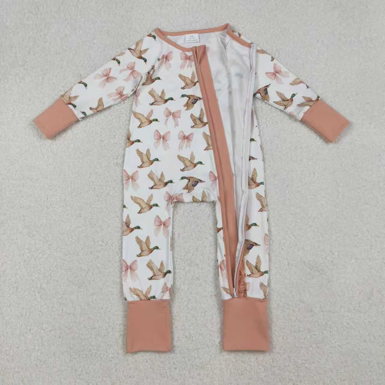 Sibling Baby Girls Pink Bows Ducks Plaid Top Pants Pajamas Sets Ruffle Zipper Footie Rompers