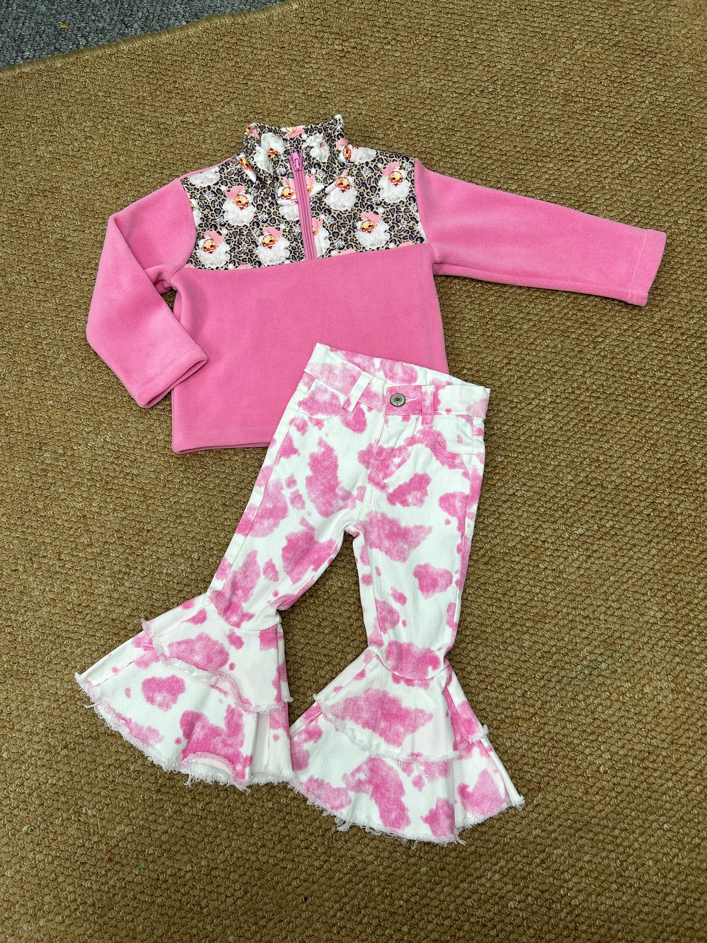 Baby Girls Leopard Santa Zip Pullovers Denim Jeans Christmas Clothes Sets
