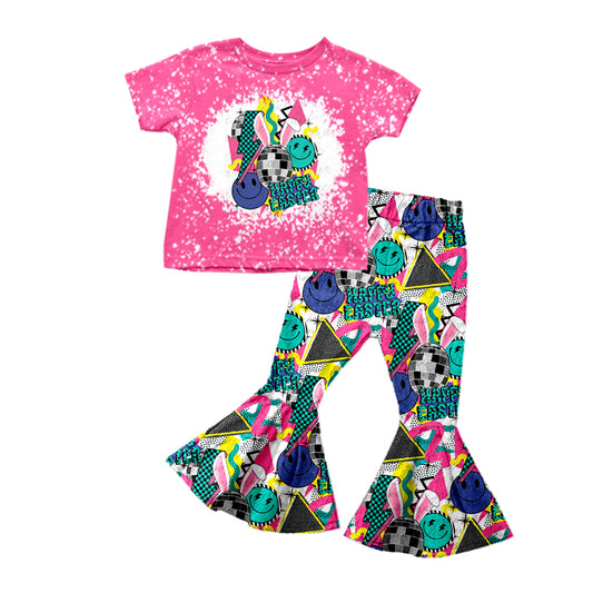 Baby Girls Happy Easter Disco Pink Shirt Bell Pants Clothes Sets preorder(moq 5)