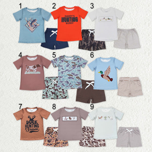 Sibling Baby Boys Short Sleeve Dogs Ducks Fishing Print Top Shorts Hunting Clothes Sets