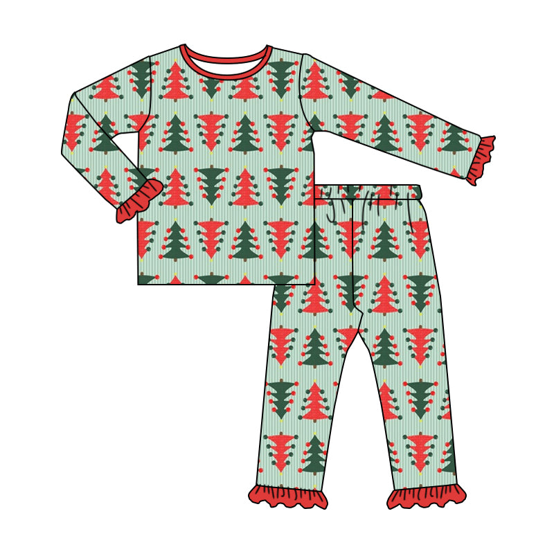 Baby Girls Christmas Red Green Tree Top Pants Pajamas Clothes Sets Preorder(moq 5)