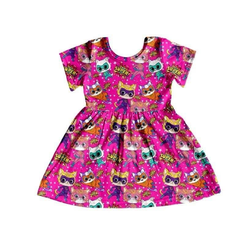 Preorder (moq 5)Baby Girls Pink Cartoon Cats Knee Length Dresses