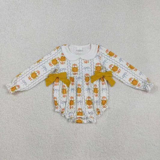 Sibling Baby Girls Pumpkins Bows Stripes Fall Ruffle Clothes Sets Rompers