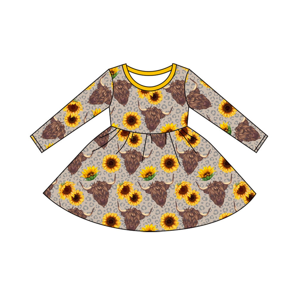 Baby Girls Western Leopard Highland Cow Sunflower Knee Length Dresses Preorder(moq 5)