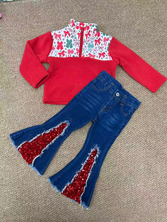 Baby Girls Green Red Bows Plaid Zip Pullovers Denim Jeans Christmas Clothes Sets