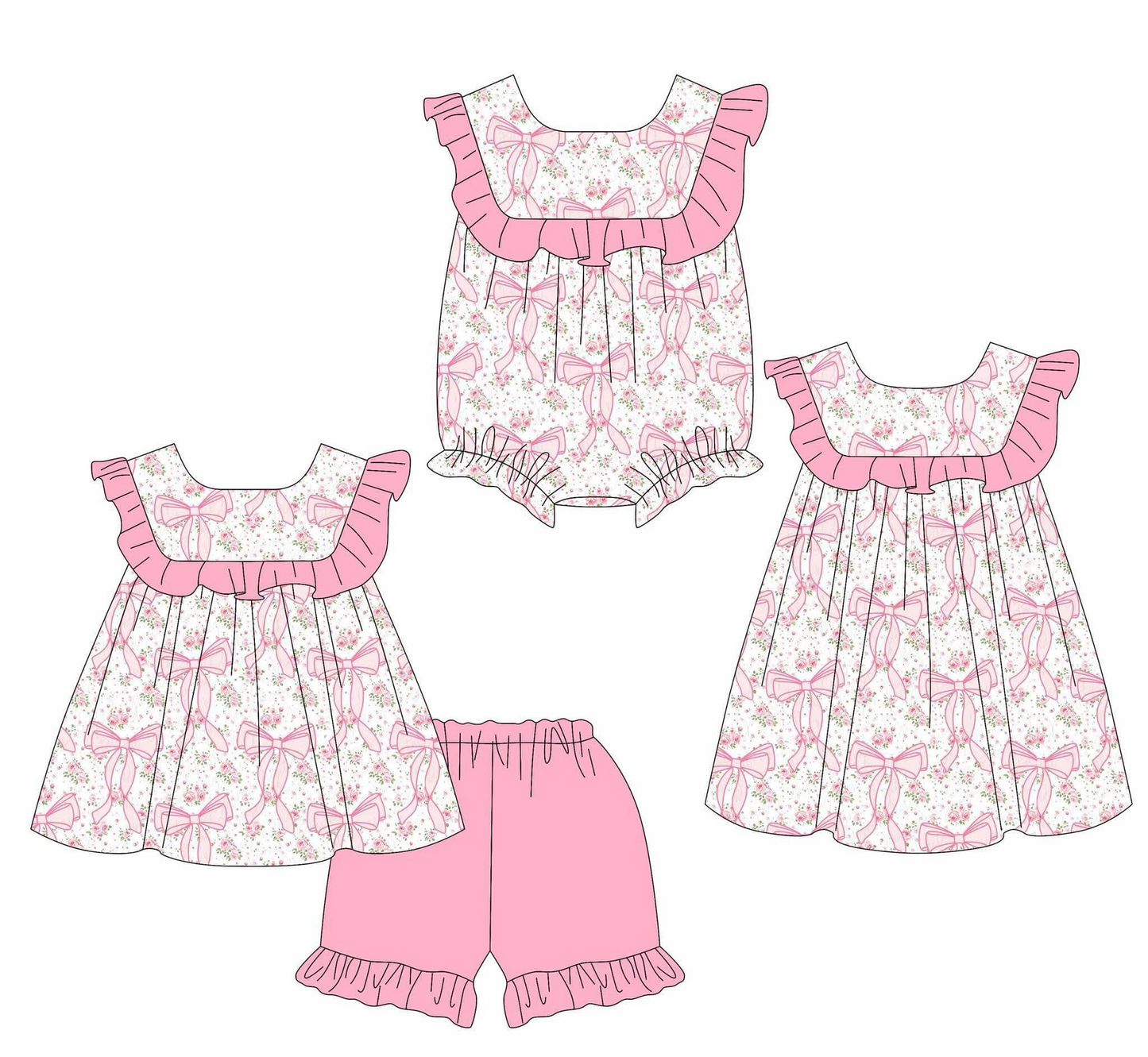 Preorder moq 5 Custom Baby Girls Pink Bows Tunic Short Set Knee Length Dress Rompers