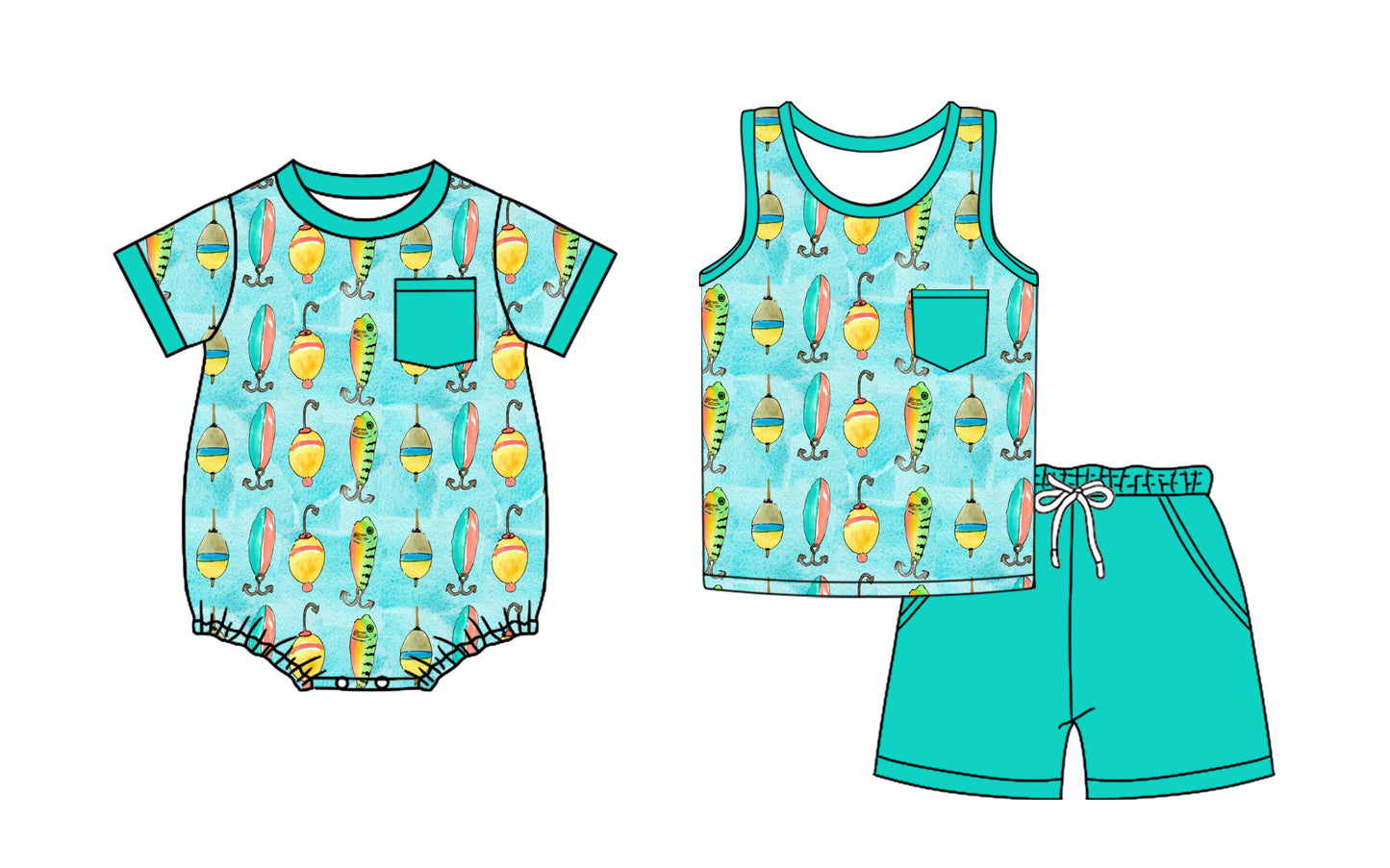 Preorder moq 5 Custom Baby Boys Blue Fishing Pocket Top Short Set Romper