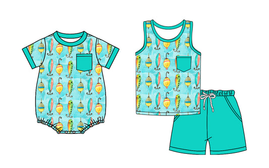 Preorder moq 5 Custom Baby Boys Blue Fishing Pocket Top Short Set Romper