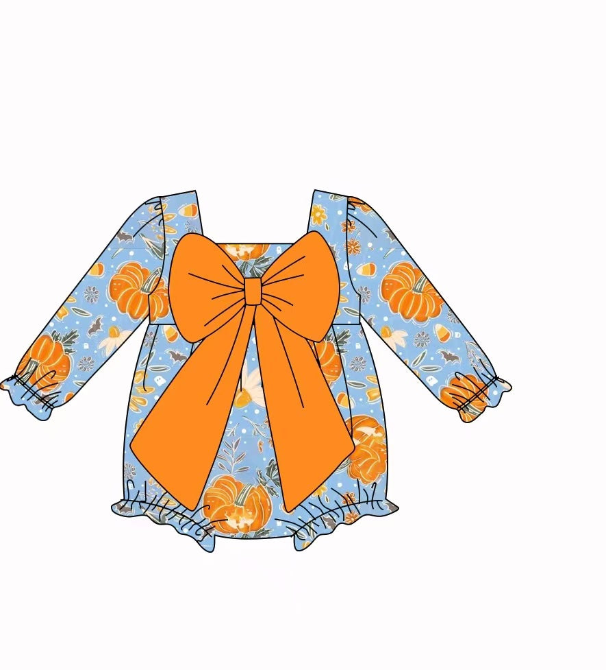 Preorder(moq 5)Baby Infant Girls Long Ruffle Sleeves Pumpkins Bow Top Fall Rompers