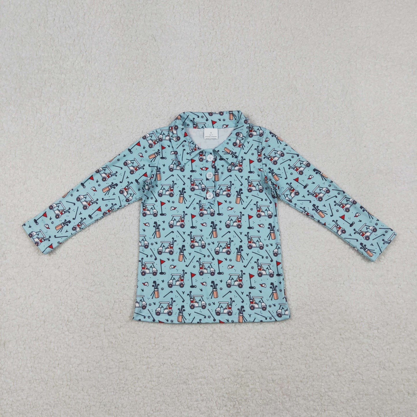 Baby Boys Blue Long Sleeve Golf Trucks Button Polo Shirts Top