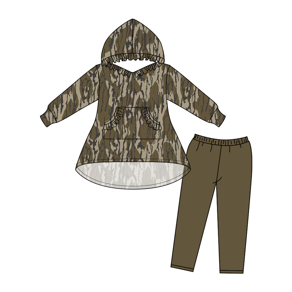 Baby Girls Green Camo Trees Hooded Pockets Top Legging Pants Clothes Sets Preorder(moq 5)