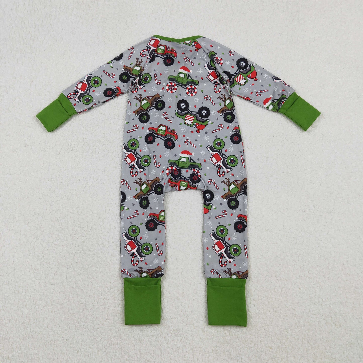 Baby Boys Trucks Candy Cane Christmas Two Way Zip Convertible Rompers
