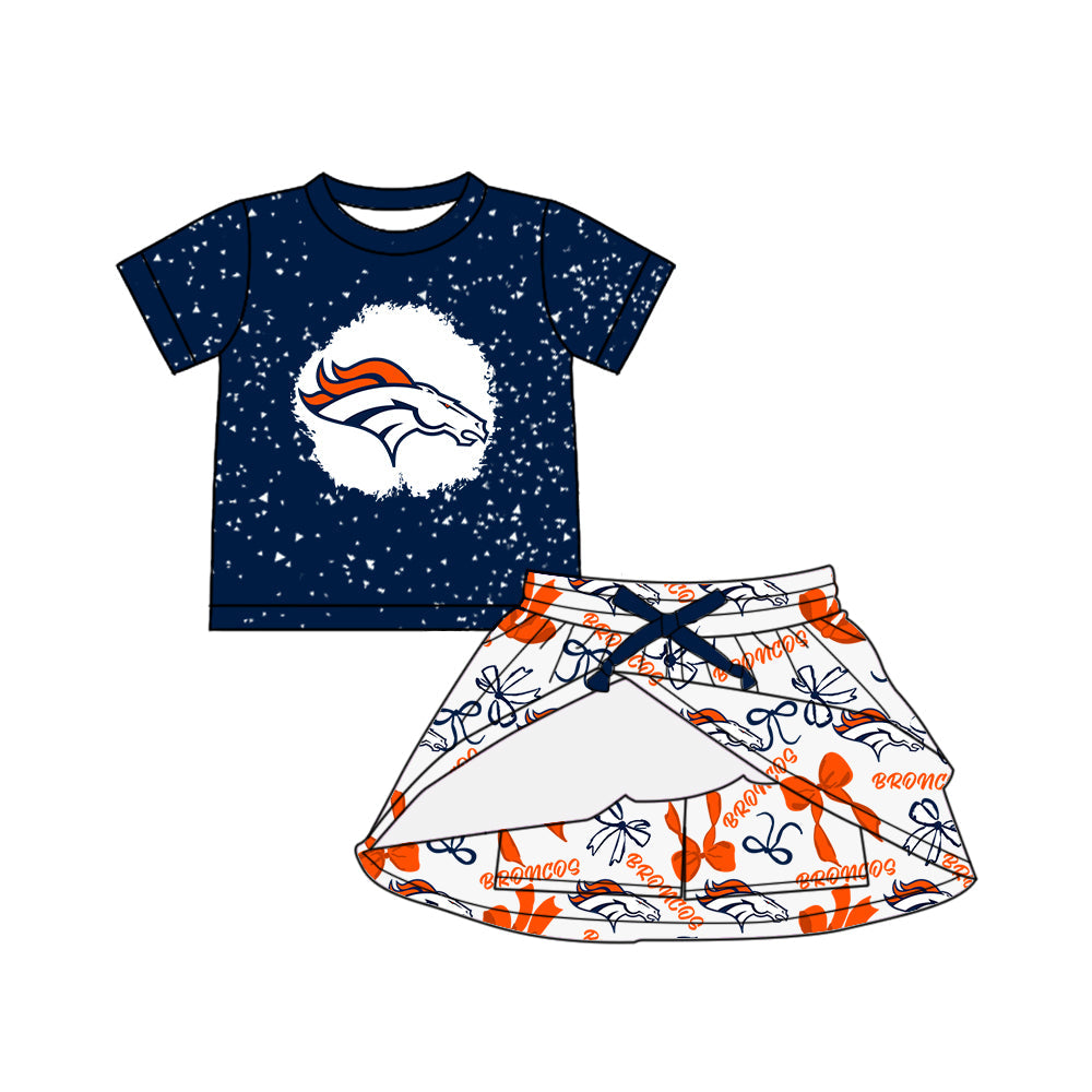 Preorder (moq 5)Baby Girls Navy Short Sleeves Orange Broncos Top Skorts Team Set