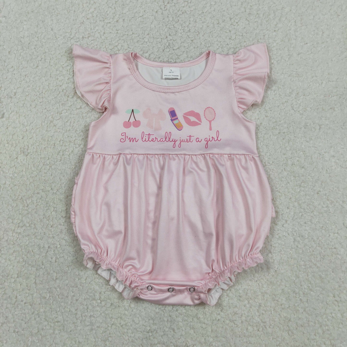 Baby Girls Pink Flutter Sleeve Cherry Bows I'm Just a Girl Ruffle Rompers