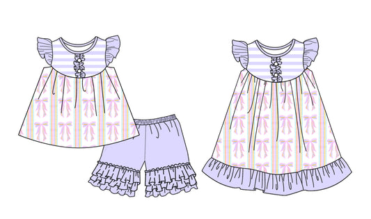 Preorder moq 5 Custom Baby Girls Lavender Buttom Bows Tunic Ruffle Short Set Knee Length Dresses