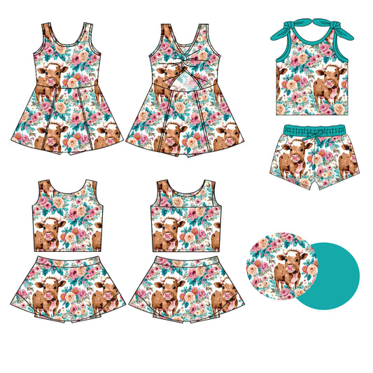 Preorder moq 5 Custom Baby Girls Sleeveless Floral Highland Cows Top Skort Set Knee Length Dress Pockets Short Set