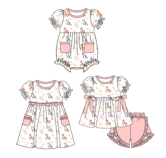 Preorder moq 5 Custom Baby Girls Pink Pockets Cows Horses Tunic Ruffle Short Farm Set Knee Length Dress Romper